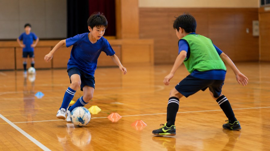 体育館で1対1のドリブル練習をするスクール生